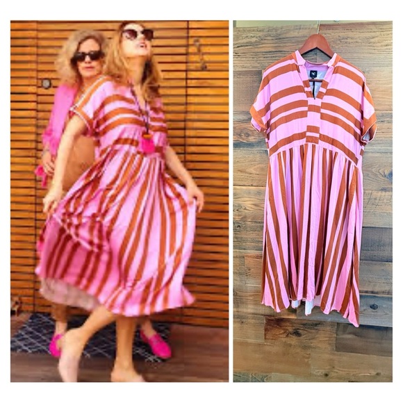 New Denmark ‘Una’ Pink and Brown Striped Midi Dress - Picture 1 of 7
